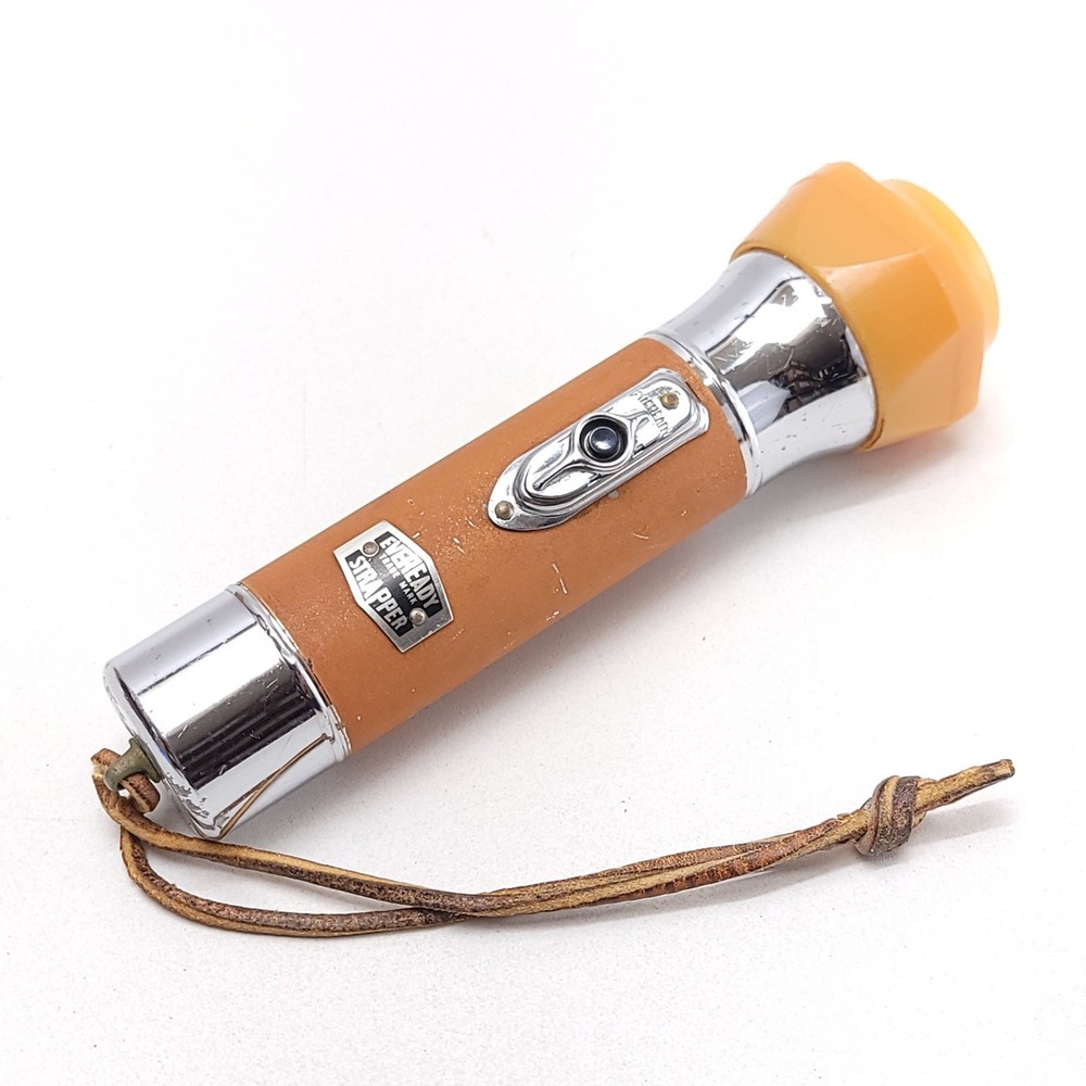 Vintage Eveready Strapper Flashlight Brown Butterscotch Chrome Leather Strap USA